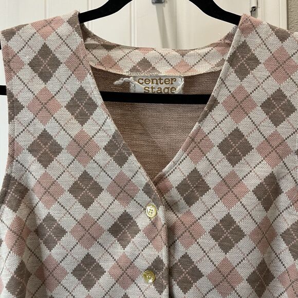 Center Stage Vintage Button Up Sleeveless Vest Argyle Pink Diamond Womens Size S - Picture 2 of 8